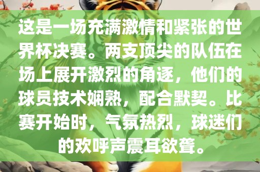这是一场充满激情和紧张的世界杯决赛。两支顶尖的队伍在场上展开激烈的角逐,他们的球员技术娴熟,配合默契。比赛开始时,气氛热烈,球迷们的欢呼声震耳欲聋。