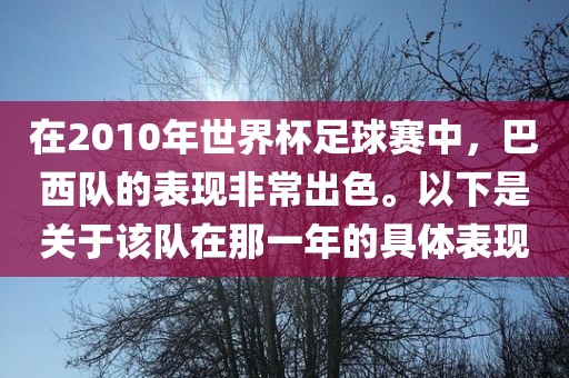在2010年世界杯足球赛中,巴西队的表现非常出色。以下是关于该队在那一年的具体表现