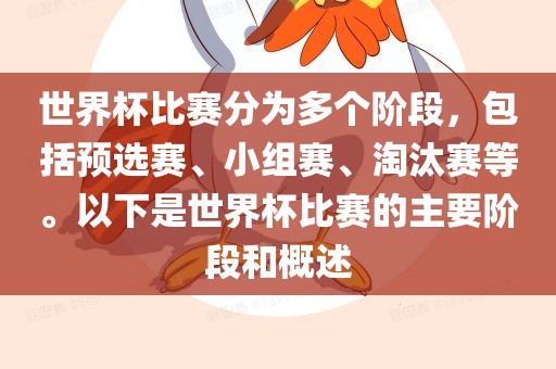 世界杯比赛分为多个阶段，包括预选赛、小组赛、淘汰赛等。以下是世界杯比赛的主要阶段和概述
