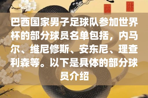 巴西国家男子足球队参加世界杯的部分球员名单包括,内马尔、维尼修斯、安东尼、理查利森等。以下是具体的部分球员介绍广州熙林手袋有限公司