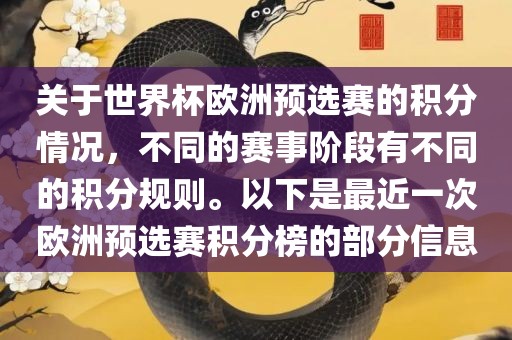 关于世界杯欧洲预选赛的积分情况，不同的赛事阶段有不同的积分规则。以下是最近一次欧洲预选赛积分榜的部分信息