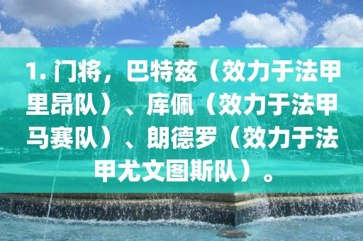 1. 门将,巴特兹(效力于法甲里昂队)、库佩(效力于法甲马赛队)、朗德罗(效力于法甲尤文图斯队)。广州熙林手袋有限公司