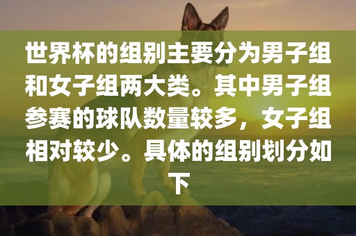 世界杯的组别主要分为男子组和女子组两大类。其中男子组参赛的球队数量较多，女子组相对较少。具体的组别划分如下广州熙林手袋有限公司