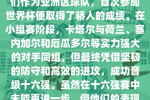 关于卡塔尔在2022年世界杯的表现,可以说是非常出色的。他们作为亚洲区球队,首次参加世界杯便取得了骄人的成绩。在小组赛阶段,卡塔尔与荷兰、塞内加尔和厄瓜多尔等实力强大的对手同组,但最终凭借坚韧的防守和高效的进攻,成功晋级十六强。虽然在十六强赛中未能更进一步,但他们的表现已经赢得了球迷和对手的尊重。广州熙林手袋有限公司