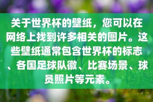 关于世界杯的壁纸,您可以在网络上找到许多相关的图片。这些壁纸通常包含世界杯的标志、各国足球队徽、比赛场景、球员照片等元素。广州熙林手袋有限公司
