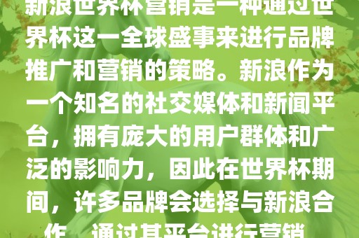 新浪世界杯营销是一种通过世界杯这一全球盛事来进行品牌推广和营销的策略。新浪作为一个知名的社交媒体和新闻平台，拥有庞大的用户群体和广泛的影响力，因此在世界杯期间，许多品牌会选择与新浪合作，通过其平台进行营销。