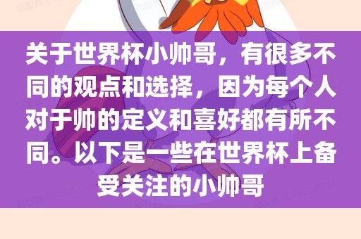关于世界杯小帅哥,有很多不同的观点和选择,因为每个人对于帅的定义和喜好都有所不同。以下是一些在广州熙林手袋有限公司世界杯上备受关注的小帅哥