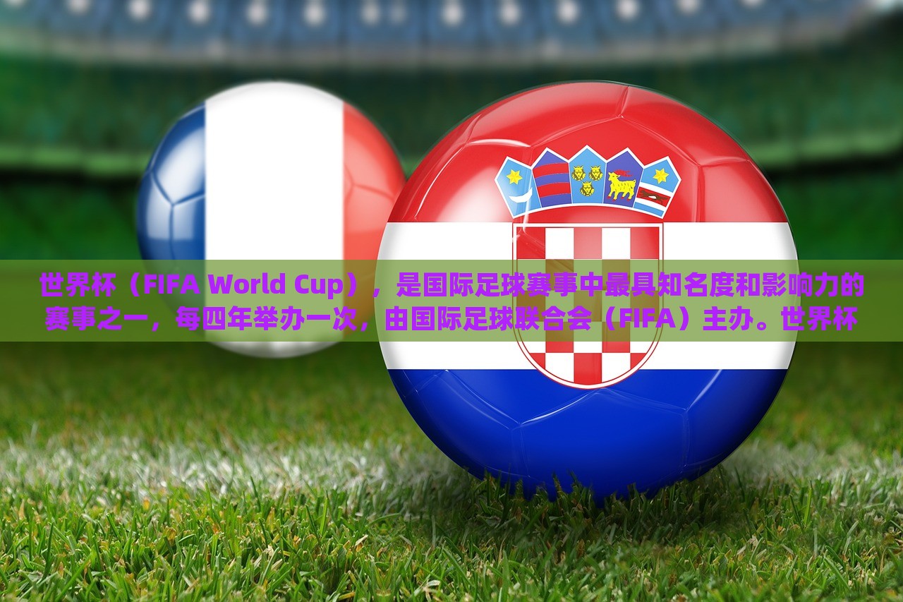 世界杯(FIFA World Cup),是国际足球赛事中最具知名度和影响力的赛事之一,每四年举办一次,由国际足球联合会(FIFA)主办。世界杯的举办是为了促进全球足球运动的发展,并加强各国之间的交流与友谊。世界杯赛事的规模和影响力在逐渐扩大,已经成为全球体育界最盛大的赛事之一。